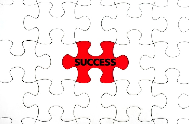 success concept success word on white puzzle piece on red background