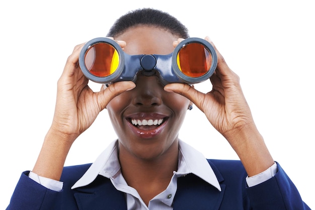 Success is on the horizon Shot of a young african american businesswoman holding binoculars