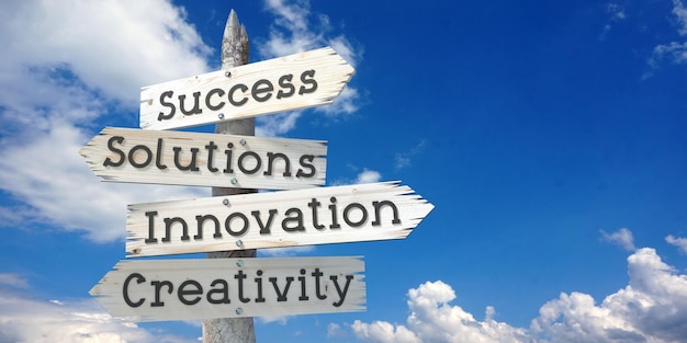 Success solutions innovation creativity wooden signpost with\
four arrows