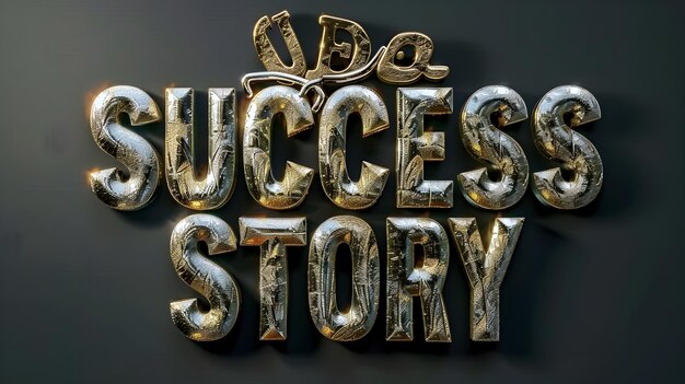 Photo success story 3d golden and silver text on dark background