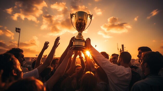 Photo success of teamwork joint achievement of goal in business and life winning team is holding trophy in hands silhouettes of many hands in sunset