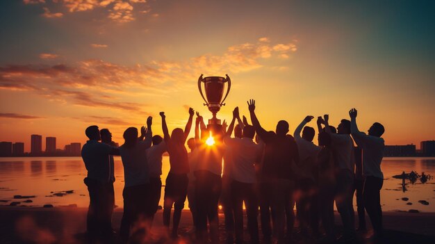 Success of teamwork joint achievement of goal in business and life Winning team is holding trophy in hands Silhouettes of many hands in sunset