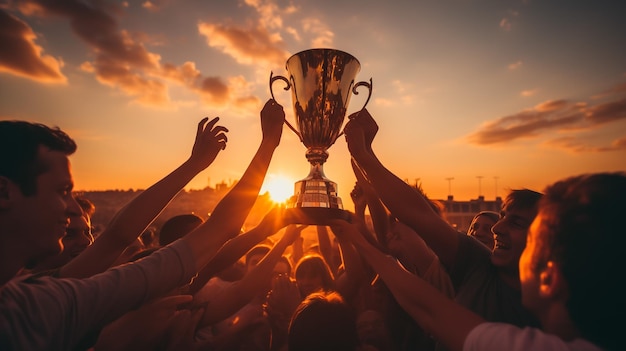 Success of teamwork joint achievement of goal in business and life Winning team is holding trophy in hands Silhouettes of many hands in sunset