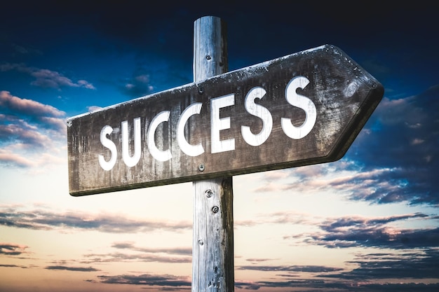 Success wooden signpost with one arrow sunset sky in background