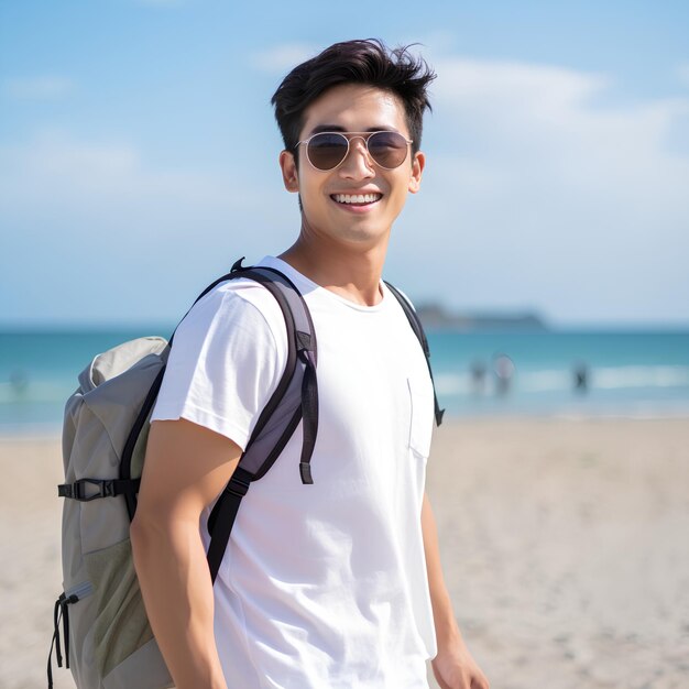 Photo successful 25 years old asian young man travel in overseas