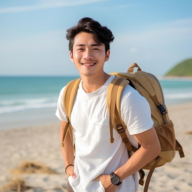 Photo successful 25 years old asian young man travel in overseas