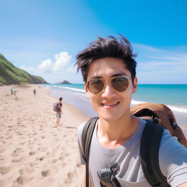 Photo successful 25 years old asian young man travel in overseas