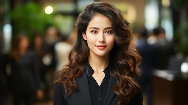 The successful Asian business woman wearing suit in office with arms crossed is a youthful confident smiling leader a successful entrepreneur and an elegant professional company executive manager