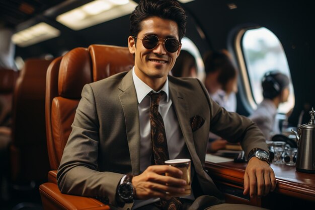 Successful a asian businessman sitting in an airplane while holding his coffee