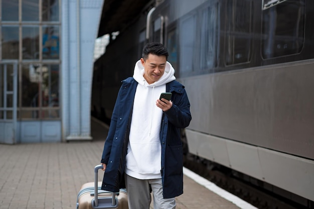 Успешный азиатский турист возле большого поезда, читающий новости по мобильному телефону, улыбающийся и счастливый мужчина с большим чемоданом на вокзале