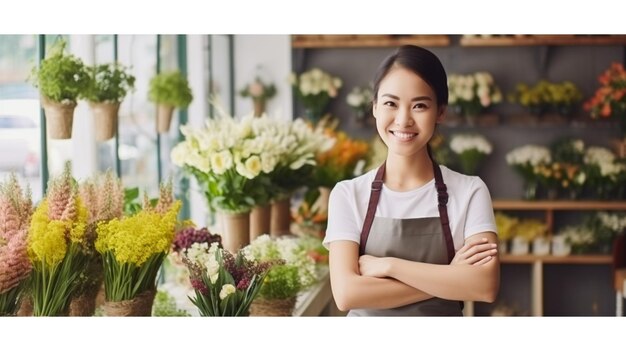 Успешная азиатская женщина, владеющая небольшим цветочным бизнесом.