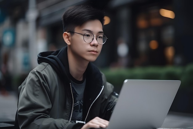 Successful asian young man student freelancer using laptop watching webinars working remotely elearning ecommerce online isolated in white background Generative Ai