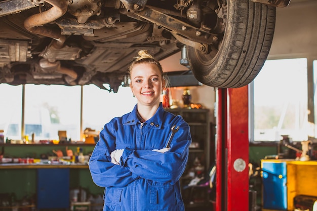 Successful auto mechanic woman at workshop. Small business concept