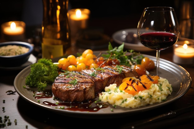 Successful banquet steak risotto vegetables and wine in harmony generative IA