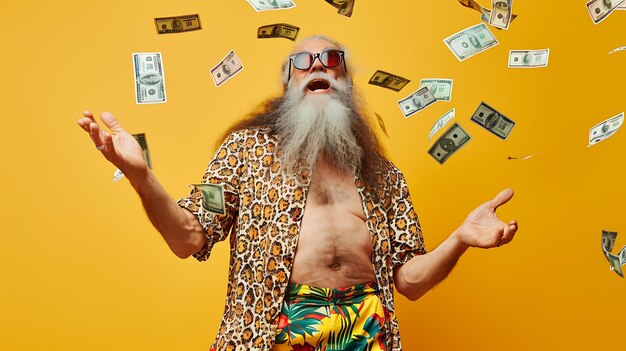 Photo successful bearded senior man in unbuttoned leopard shirt and tropical shorts rejoices under rain of money against yellow background