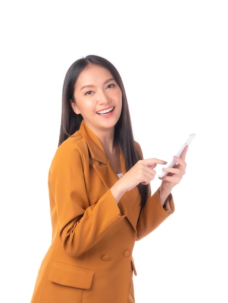 Successful beautiful Asian business young woman fill happy holding money US dollar bills in hand isolated on white background business success concept