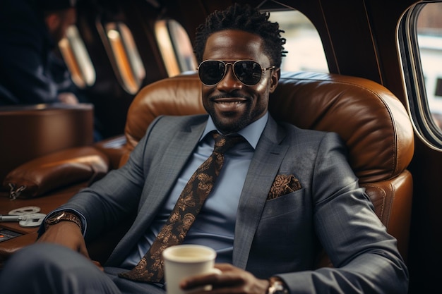 Photo successful a black businessman sitting in an airplane while holding his coffee