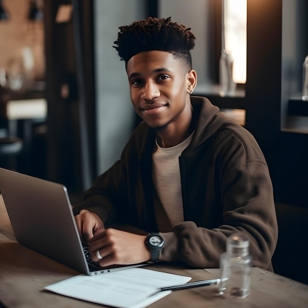 성공적인 흑인 청년 학생 프리랜서는 흰색 배경에서 격리된 전자 상거래를 온라인으로 원격으로 작업하는 웨비나를 보는 노트북을 사용합니다. Generative Ai