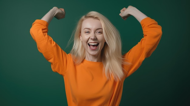 Successful blonde woman with orange clothes enjoying the moment Generative AI