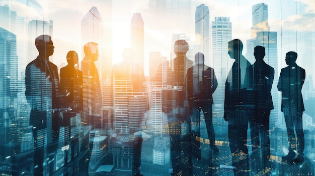 Successful business deal depicted through double exposure image of a city office building with a conference group of business people