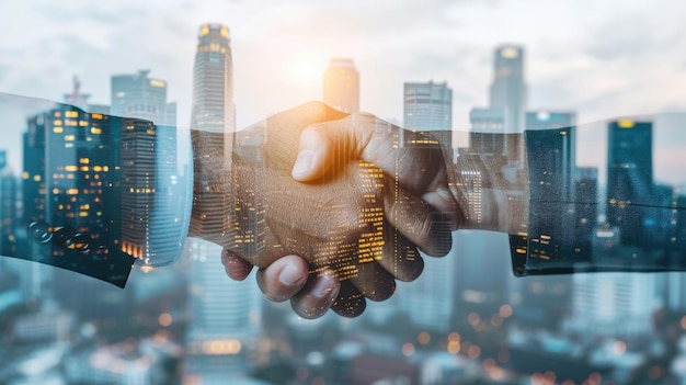 Foto un accordo commerciale di successo raffigurato attraverso l'immagine a doppia esposizione di uomini d'affari che si stringono la mano sullo sfondo di un edificio di uffici della città