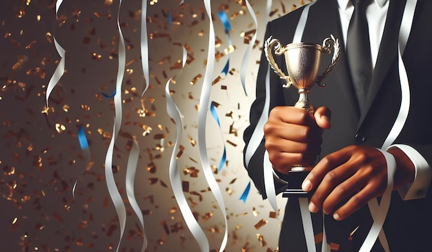 Photo successful business man holding prize or cup award for corporate development of an investment company generative ai