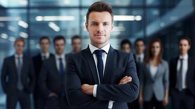 Successful business man standing with his staff in background at office