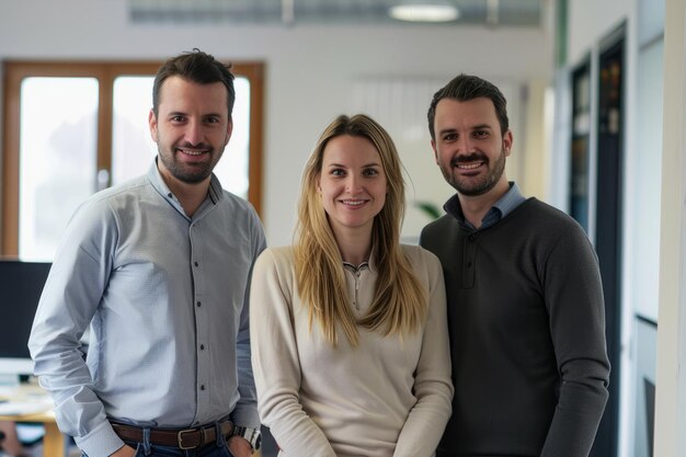 Successful business team standing together in office smiling and looking at camera