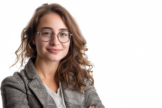 A successful business woman looks confident and smiles on white background