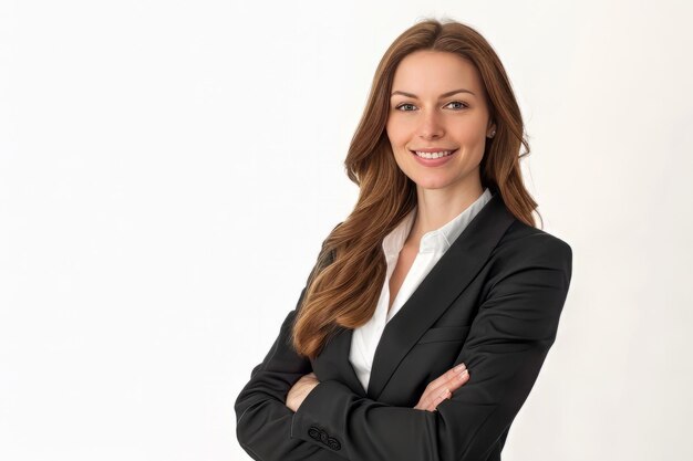 A successful business woman looks confident and smiles on white background