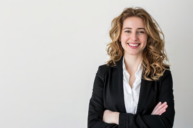 A successful business woman looks confident and smiles on white background