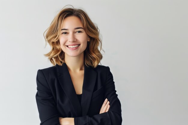 A successful business woman looks confident and smiles on white background