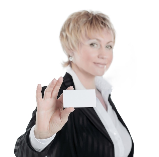 Successful business woman showing blank credit card