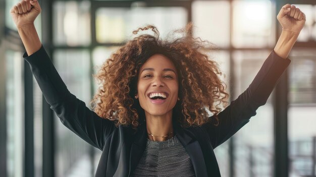 Photo successful business woman with arms up celebrating