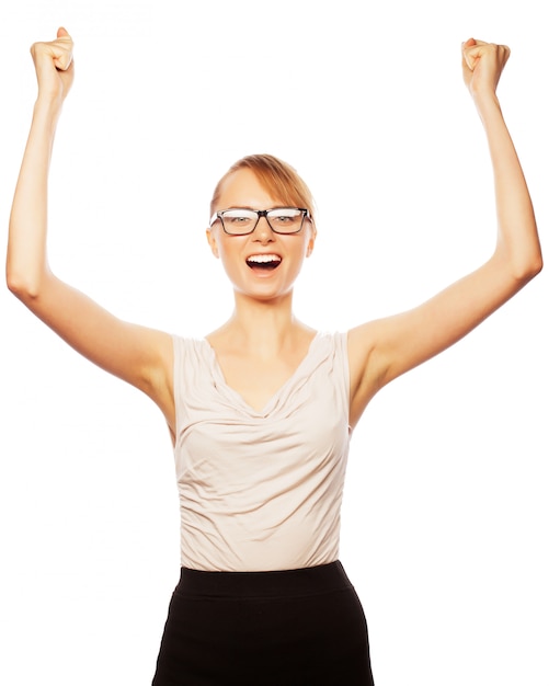 Photo successful business woman with arms up