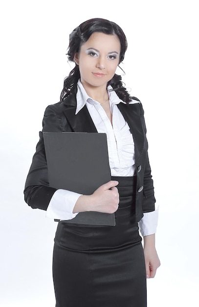 Successful business woman with clipboardisolated on white