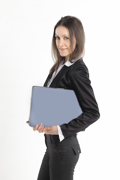 Successful business woman with an open laptop.isolated on white background