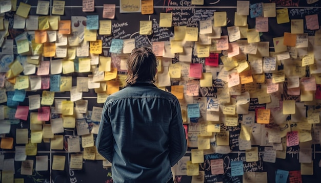 Successful businessman brainstorming new ideas with adhesive notes indoors generated by artificial intelligence