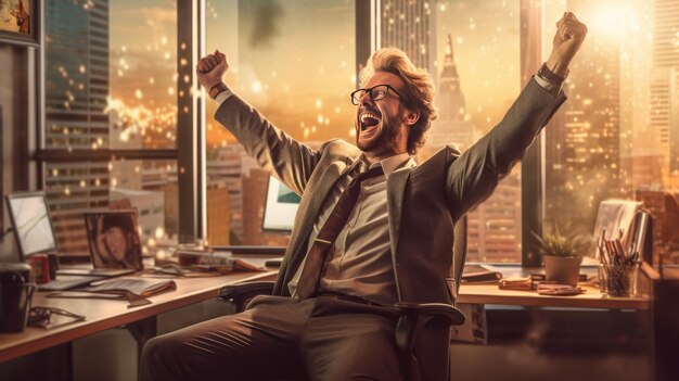 Photo a successful businessman cheers in his modern office photo realistic