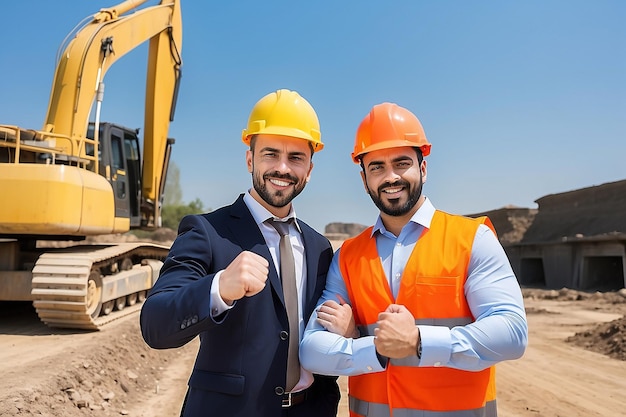 Successful businessman and engineer at outdoor site with clench fist
