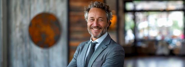 Photo successful businessman exuding confidence and charm in sleek office portrait