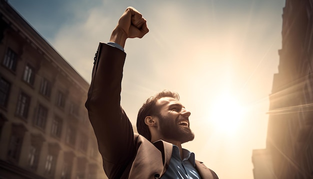 Photo successful businessman fist up in the air