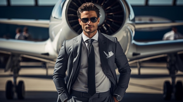 Successful Businessman in Front of Private Jet The Billionaire