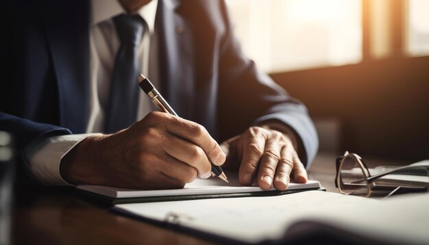 Successful businessman holding pen working at desk in office generated by artificial intelligence