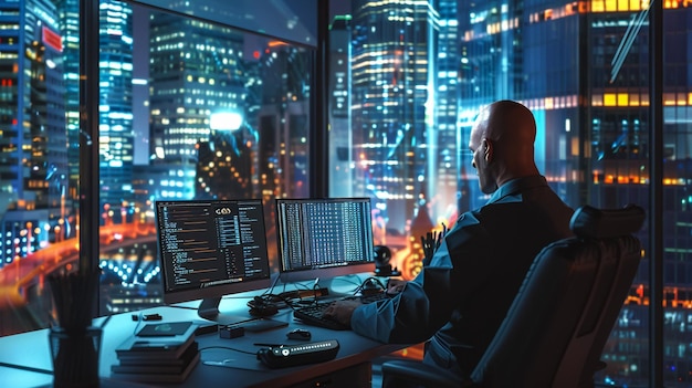 Successful Businessman Looking Out of the Window on Late Evening Modern Hedge Fund Office with Computer with MultiMonitor Workstation with RealTime Stocks Commodities and Exchange Market Charts