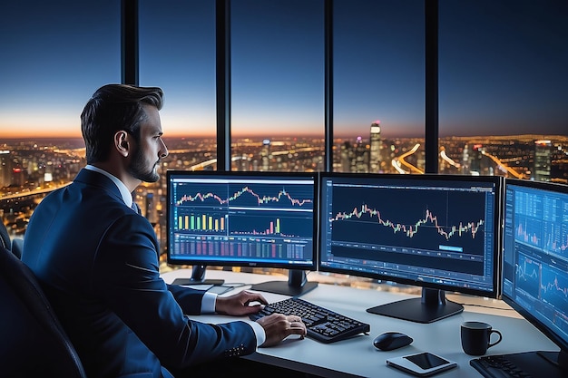 Photo successful businessman looking out of the window on late evening