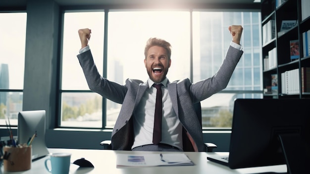 Photo successful businessman raises her hands up rejoices in increasing profits in business businessman is receiving good news online raising her hands and showing her fists