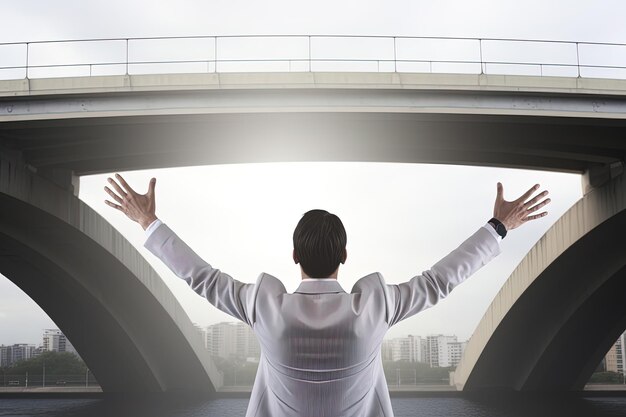 성공적인 사업가가 손을 들고 다리 위에 서서 양성을 표현합니다.