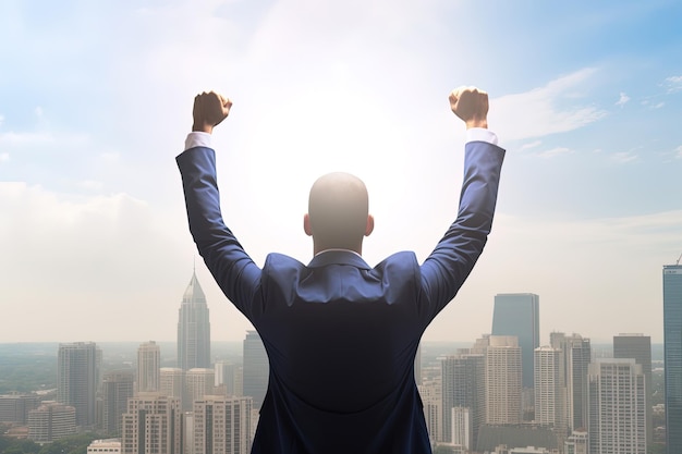 Successful businessman raising hand while standing against skyscrapers background