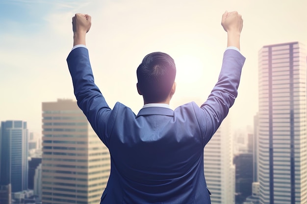 Successful businessman raising hand while standing against skyscrapers background